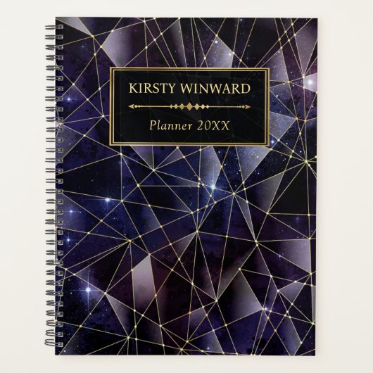 Elegant Black en Gold Midnight Crystal Galaxy Planner (Voorkant)
