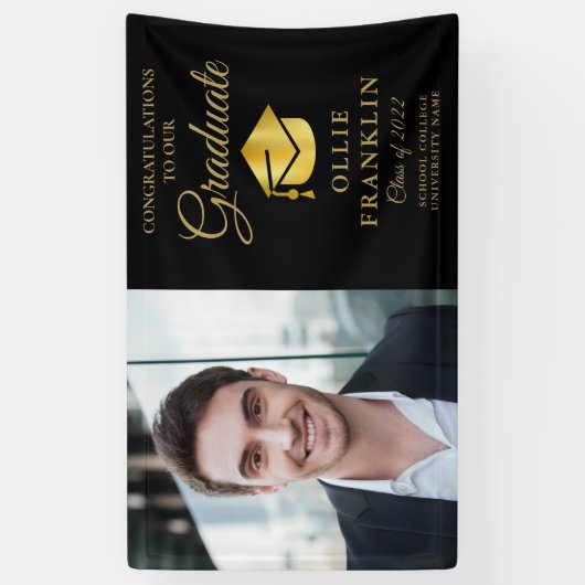 Elegant Black en Gold Photo Afstuderen Spandoek (Verticaal)