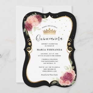 Elegant Black en Gold Pink Floral Quinceanera Kaart