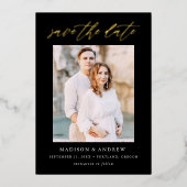 Elegant Black en Gold Script Photo Save the Date Folie Uitnodiging (Voorkant)
