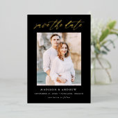 Elegant Black en Gold Script Photo Save the Date Folie Uitnodiging (Staand Voorkant)
