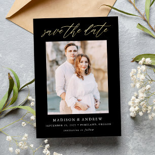 Elegant Black en Gold Script Photo Save the Date Folie Uitnodiging
