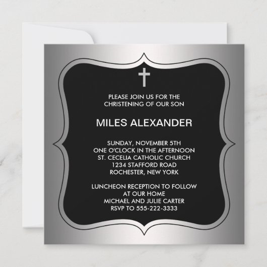 Elegant Black en Grey Christening Kaart (Voorkant)