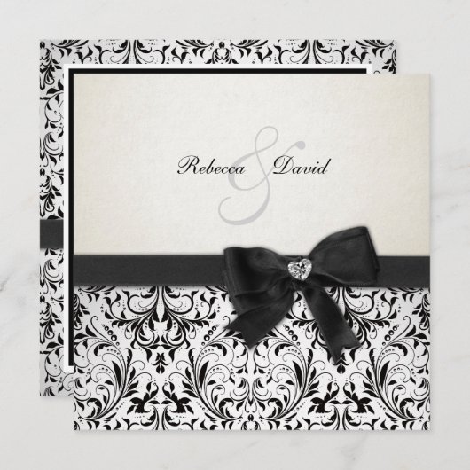 Elegant Black en Ivory Damask met diamantstrik Kaart (Voorkant / Achterkant)