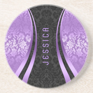 Elegant Black en Lavender Floral Damaskers Zandsteen Onderzetter