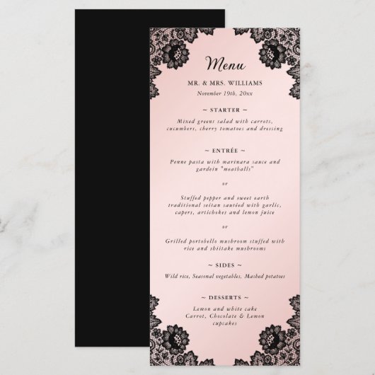 Elegant Black en Pink Floral Lace Wedding Menu (Voorkant / Achterkant)