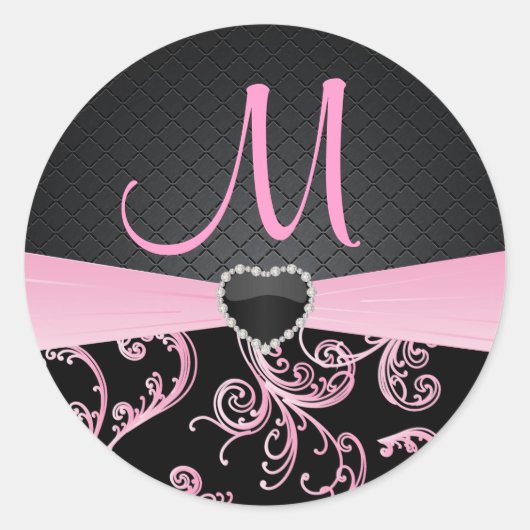 Elegant Black en Pink Floral Pattern Ronde Sticker (Voorkant)