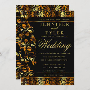 Elegant Black en Rich Gold Damask Invitation Kaart