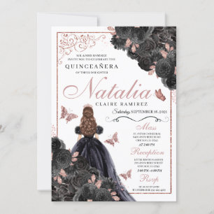 Elegant Black en Roos Gold Floral Quinceanera Inv Kaart