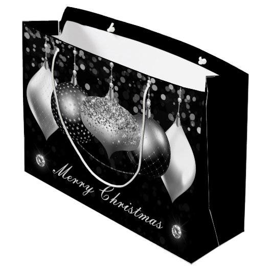 Elegant Black en Silver Baubles Merry Kerstmis Groot Cadeauzakje (Achterkant Gekanteld)