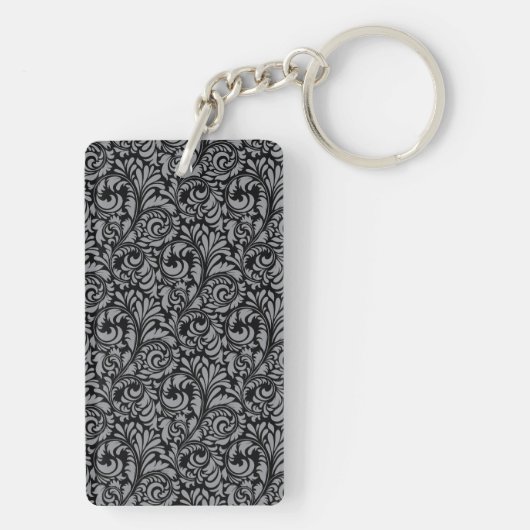 Elegant Black en Silver Damask Floral Pattern Sleutelhanger (achterkant)
