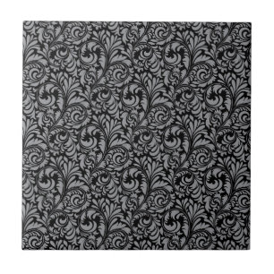 Elegant Black en Silver Damask Floral Pattern Tegeltje
