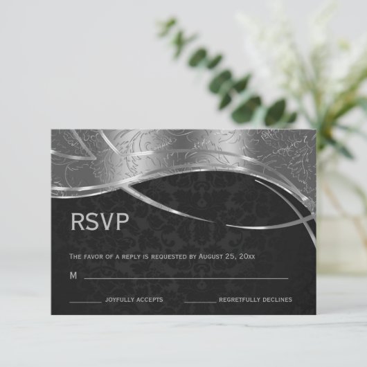 Elegant Black en Silver Damask RSVP Kaartje (Staand voorkant)