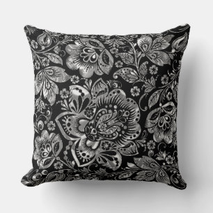 Elegant Black en Silver Floral Baroque Damask Kussen