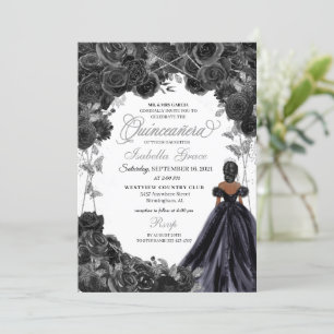 Elegant Black en Silver Floral Quinceanera Invita Kaart
