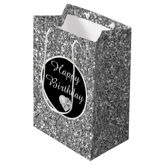 Elegant Black en Silver Glitter Birthday Medium Cadeauzakje (Voorkant Gekanteld)