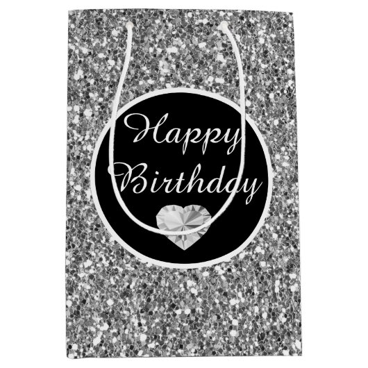 Elegant Black en Silver Glitter Birthday Medium Cadeauzakje (Voorkant)