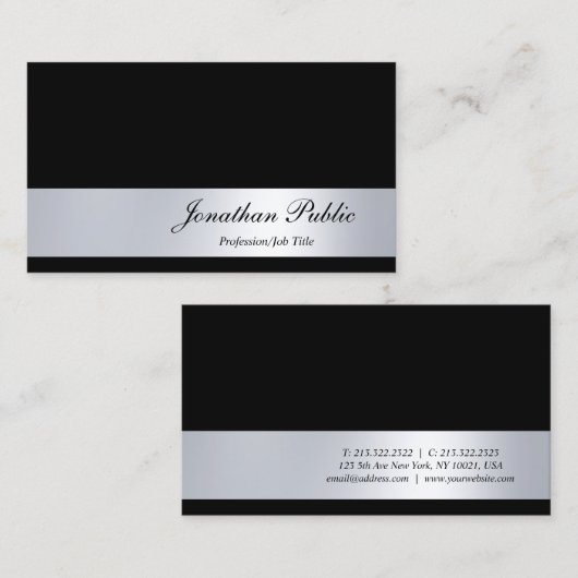 Elegant Black en Silver Modern Cursief Script Cool Visitekaartje (Voorkant / Achterkant)