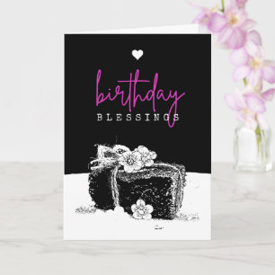 Elegant Black en White Birthday Cake Slice Kaart