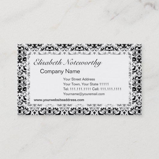 Elegant Black en White Calligraphic Damask Visitekaartje (Voorkant)