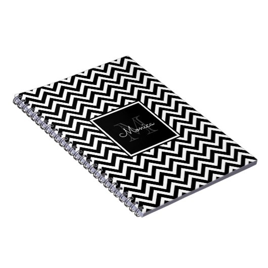 Elegant Black en White Chevron Monogram Notitieboek (Rechterzijde)