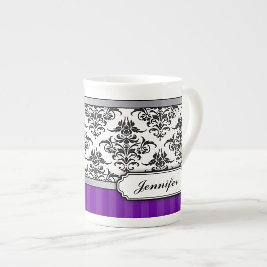 Elegant Black en White Damask Bone China mok (Voorkant rechts)