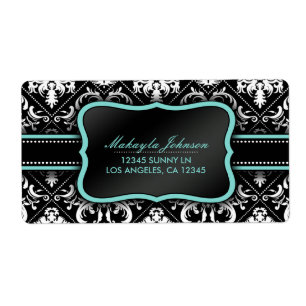 Elegant Black en White Damask met blauwgroen blauw Etiket
