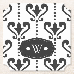 Elegant Black en White Damask Monogram Kartonnen Onderzetters