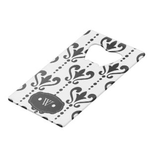 Elegant Black en White Damask Monogram Kredietkaart Flessenopener