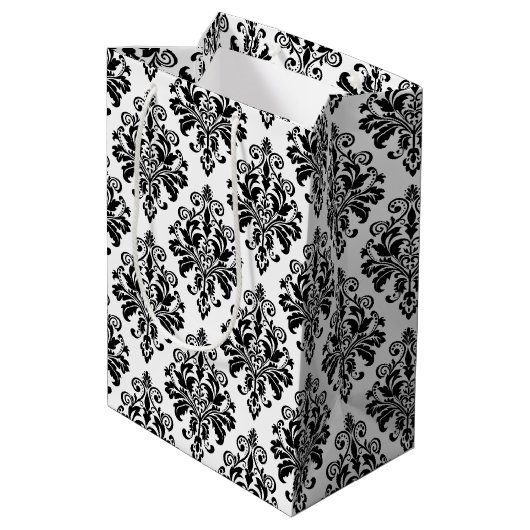 Elegant Black en White Damask Pattern Medium Cadeauzakje (Achterkant Gekanteld)