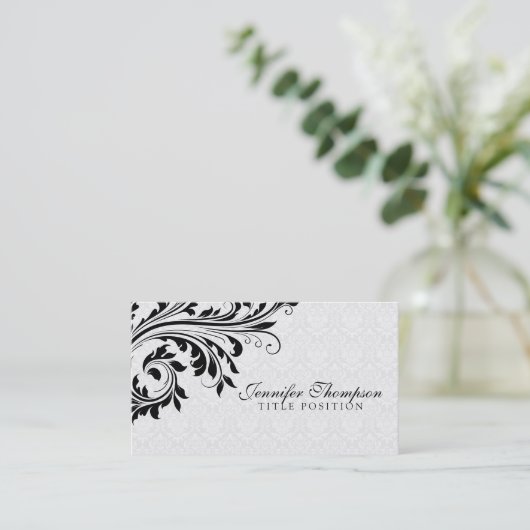 Elegant Black en White Damask Visitekaartje (Staand voorkant)