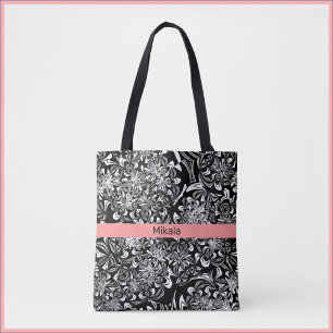 Elegant Black en White Floral  Draagtas