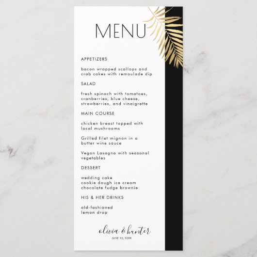 Elegant Black en White Gold Leaf Dinner Menu (Voorkant)