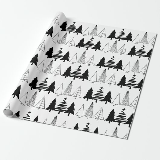 Elegant Black en White Kerstbomen Cadeaupapier (Uitgerold)