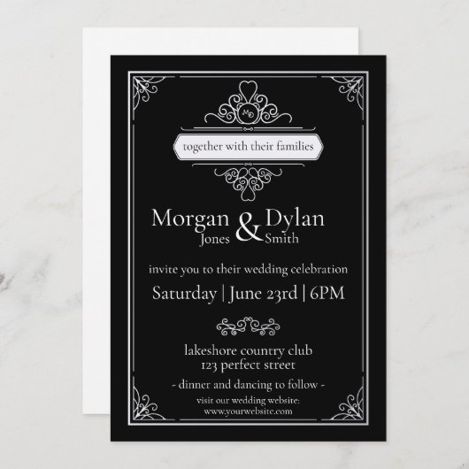 Elegant Black en White Modern Scroll Work Wedding Kaart (Voorkant / Achterkant)