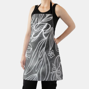Elegant Black en White Monogram Leaves Tekening Schort