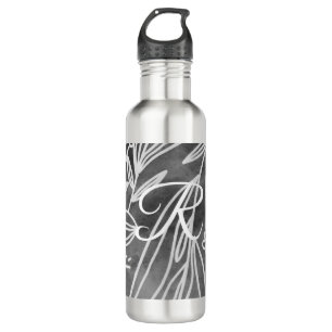 Elegant Black en White Monogram Leaves Tekening Waterfles
