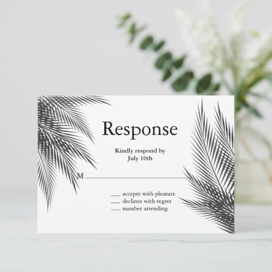 Elegant Black en White Palm Leaves RSVP (Staand voorkant)