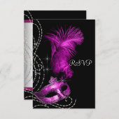 Élégant Black et Hot Rose Masquerade Party RSVP (Devant / Derrière)