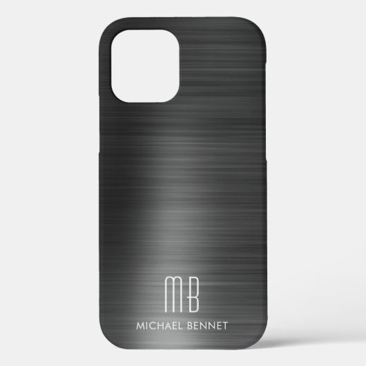 Elegant Black Faux geborsteld metallisch monogram Case-Mate iPhone Case (Achterkant)