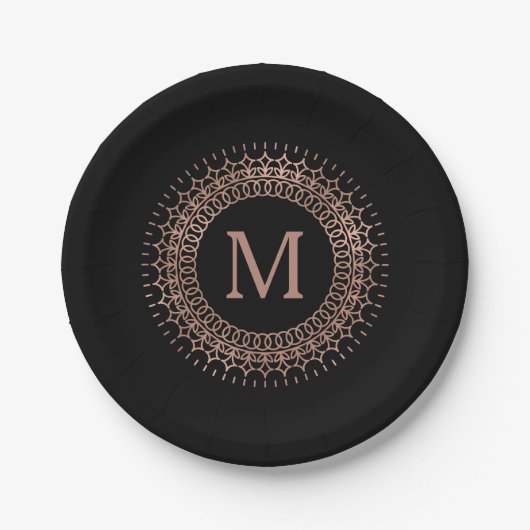 Elegant Black & Faux Roos Gold Initiaal Monogram Papieren Bordje (Voorkant)