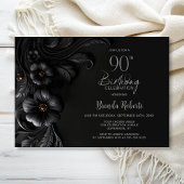 Elegant Black Floral 90th Birthday Party Kaart
