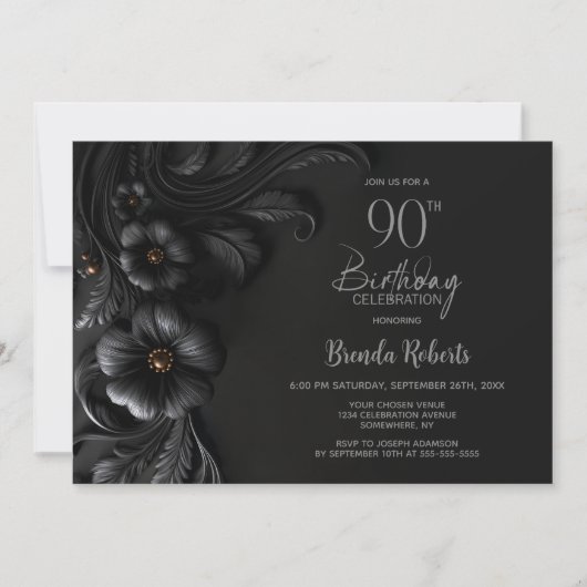 Elegant Black Floral 90th Birthday Party Kaart (Voorkant)