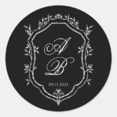 Elegant Black Floral Crest Monogram Script Wedding Ronde Sticker (Voorkant)