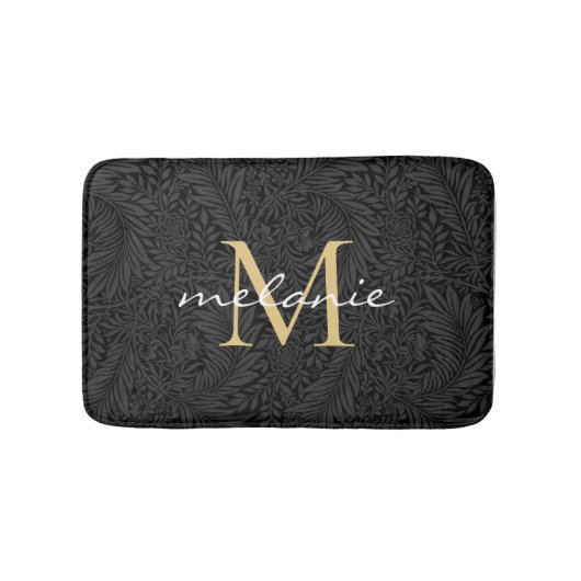 Elegant Black Floral Gold Script Monogram Badmat (Voorkant)