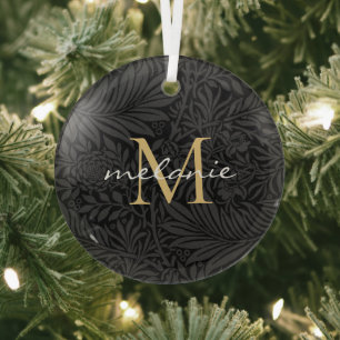 Elegant Black Floral Gold Script Monogram Glas Ornament
