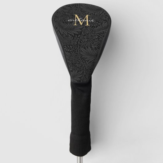 Elegant Black Floral Gold Script Monogram Golfheadcover (Voorkant)