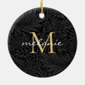 Elegant Black Floral Gold Script Monogram Keramisch Ornament (Achterkant)