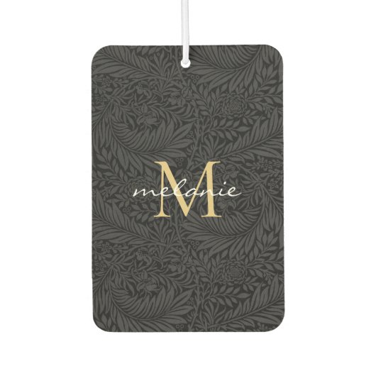 Elegant Black Floral Gold Script Monogram Luchtverfrisser (Voorkant)