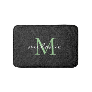 Elegant Black Floral Green Script Monogram Badmat